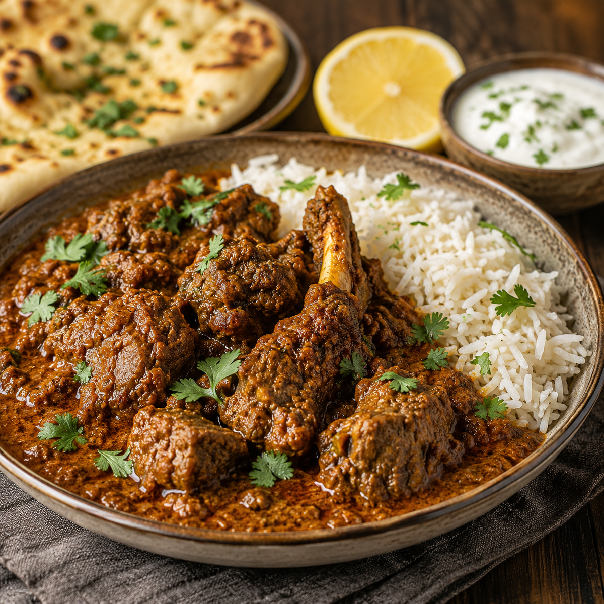 Lamb garam masala curry with basmati rice, naan, yogurt, cilantro and lemon