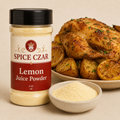 Lemon Juice Powder 4 oz Spice Czar shaker with visible product and serving suggestion