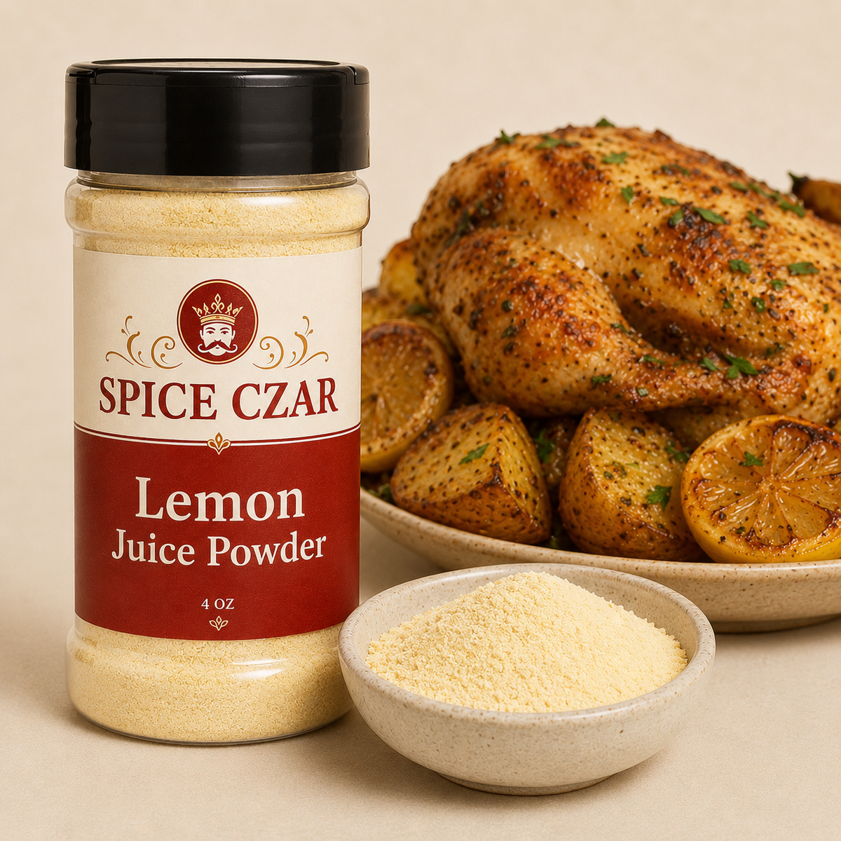Lemon Juice Powder 4 oz Spice Czar shaker with visible product and serving suggestion