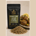 Spice Czar Levant Czar Za'atar Falafel Seasoning with herb-sesame blend and falafel serving visual