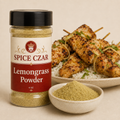 Lemongrass Powder 4 oz Spice Czar shaker beside grilled chicken skewers on rice and a dish of the pale green powder