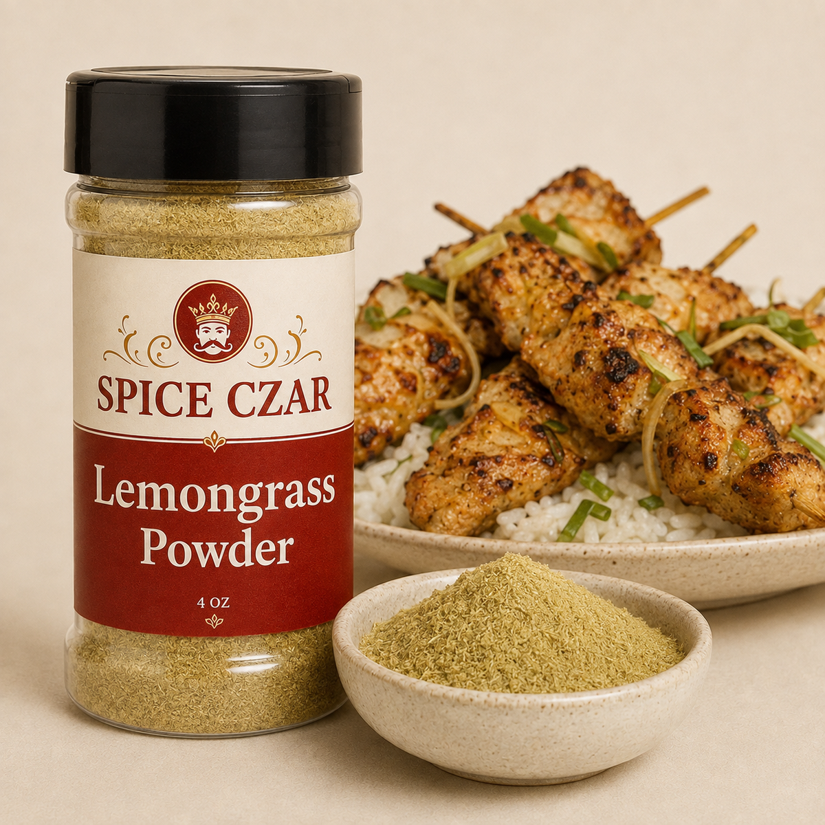 Lemongrass Powder 4 oz Spice Czar shaker beside grilled chicken skewers on rice and a dish of the pale green powder