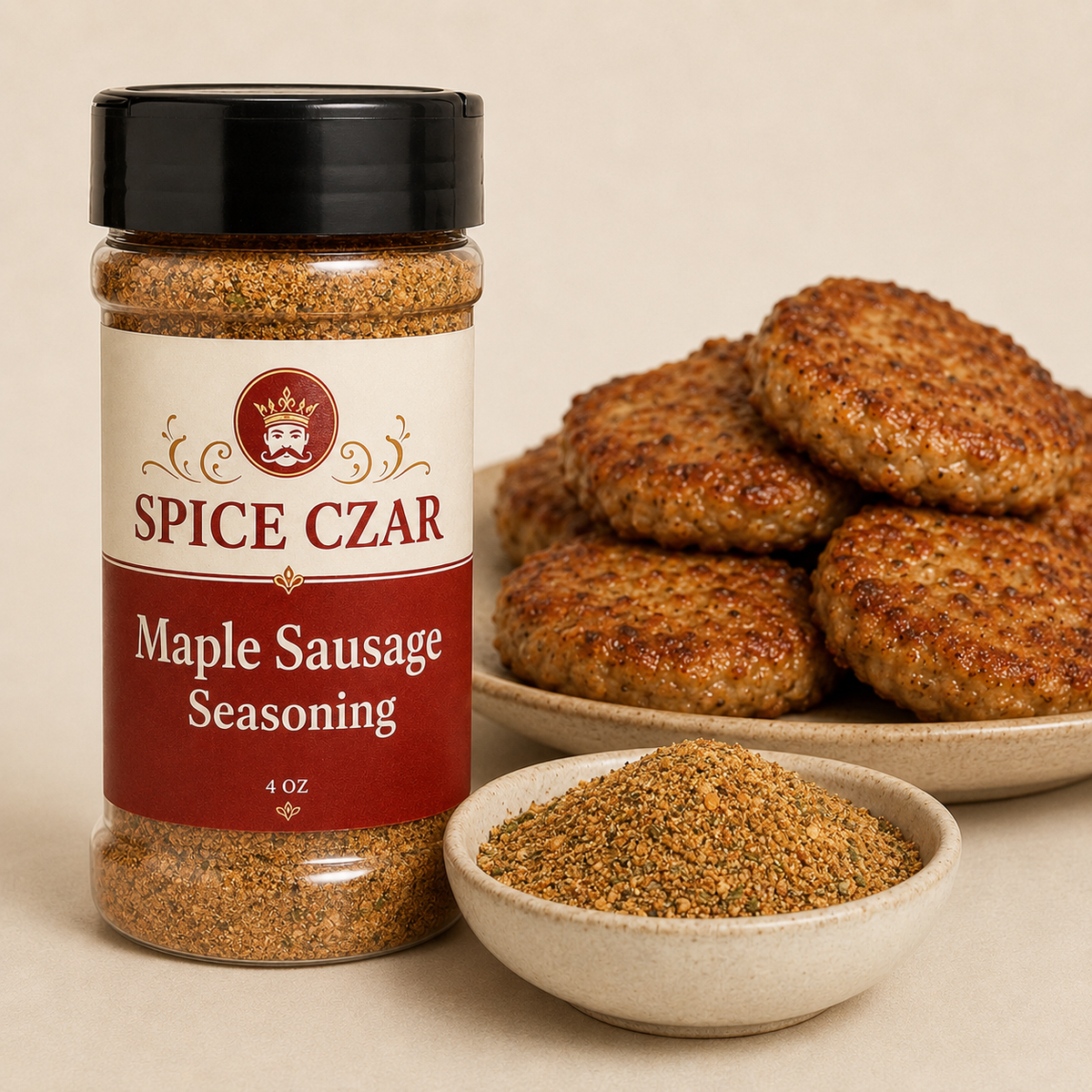 Maple Sausage Seasoning 4 oz Spice Czar shaker beside a plate of browned sausage patties and a dish of the blend
