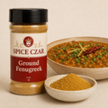 Ground Fenugreek 4 oz Spice Czar shaker beside a dish of the ground spice