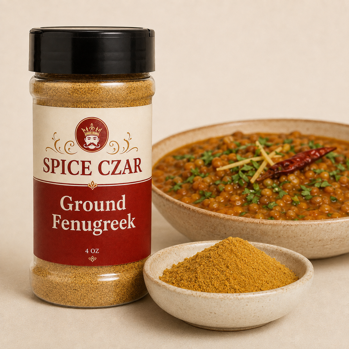 Ground Fenugreek 4 oz Spice Czar shaker beside a dish of the ground spice