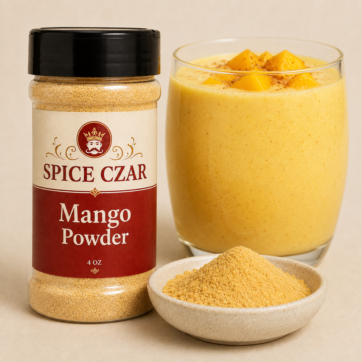 Mango Powder 4 oz Spice Czar shaker with visible product and serving suggestion
