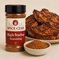 Maple Bourbon Seasoning 4 oz Spice Czar shaker with visible seasoning and serving suggestion