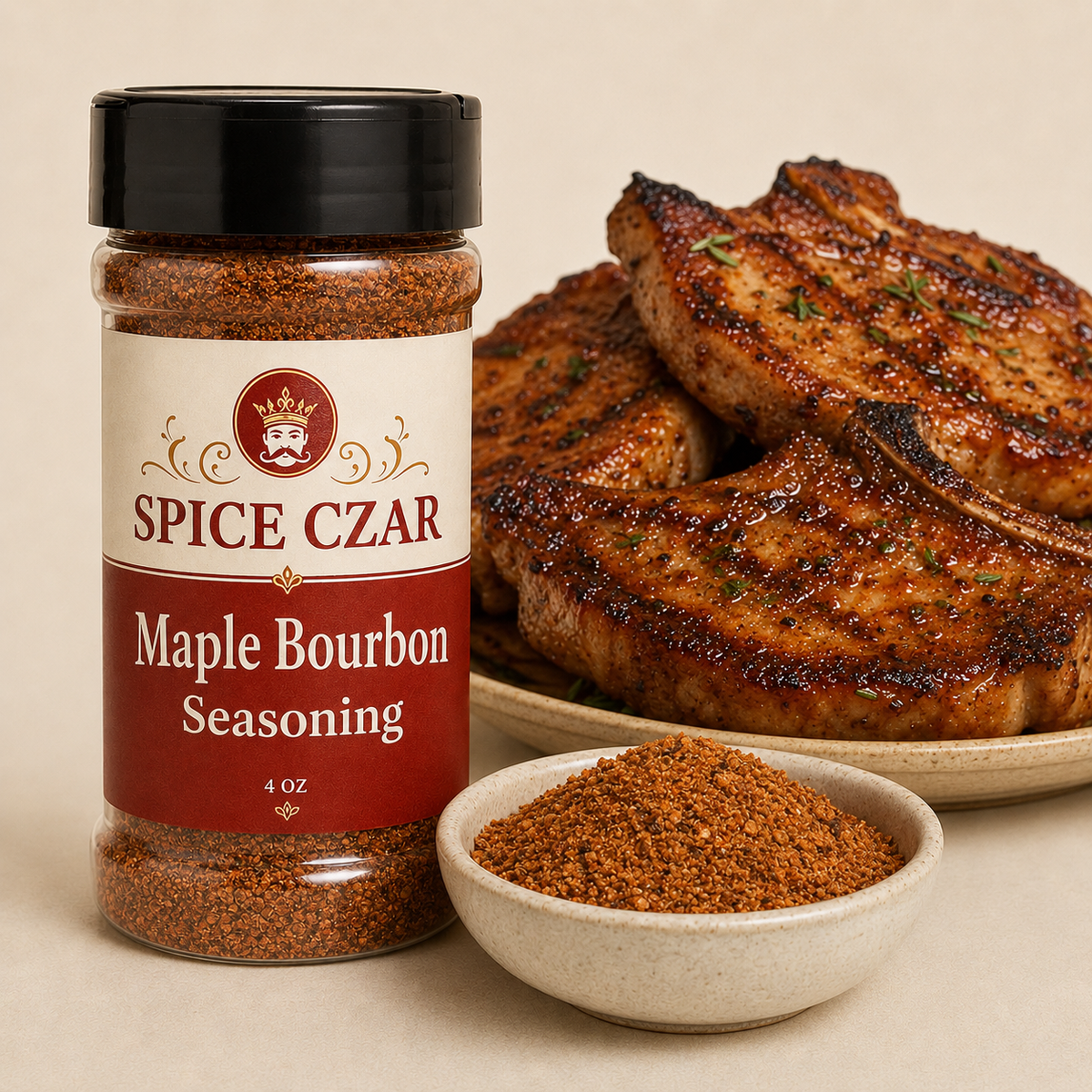 Maple Bourbon Seasoning 4 oz Spice Czar shaker with visible seasoning and serving suggestion