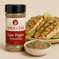 Lime Pepper Seasoning 4 oz Spice Czar shaker beside grilled fish fillets with lime wedges and a dish of the blend