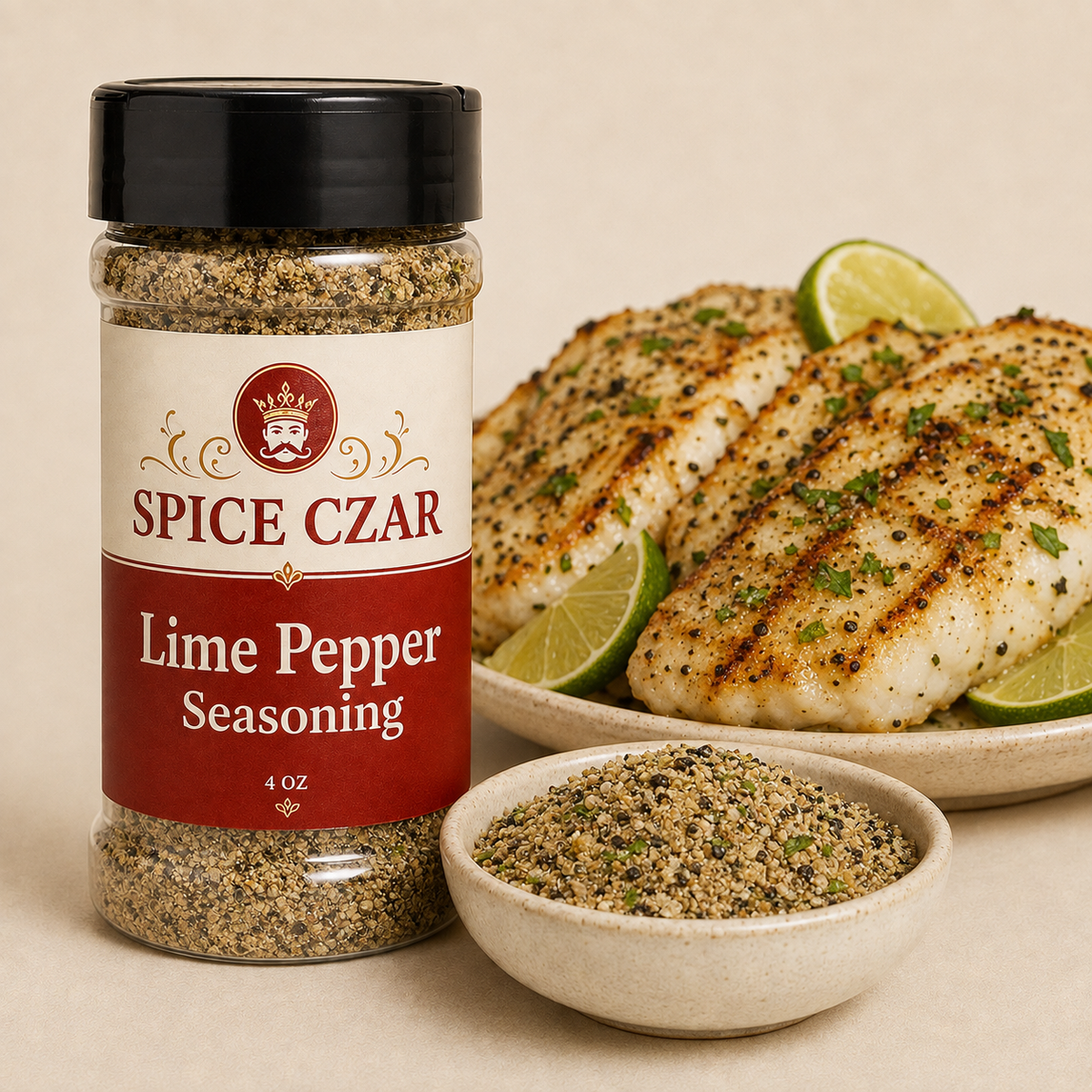 Lime Pepper Seasoning 4 oz Spice Czar shaker beside grilled fish fillets with lime wedges and a dish of the blend