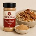 Pure Maple Sugar 4 oz shaker with visible maple sugar and oatmeal serving suggestion