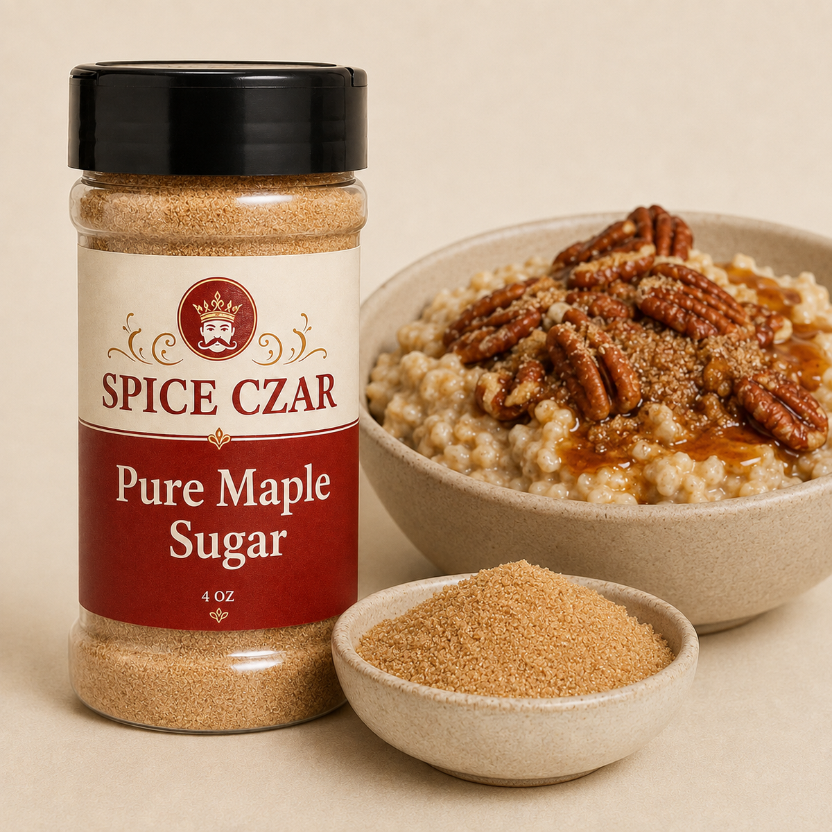 Pure Maple Sugar 4 oz shaker with visible maple sugar and oatmeal serving suggestion