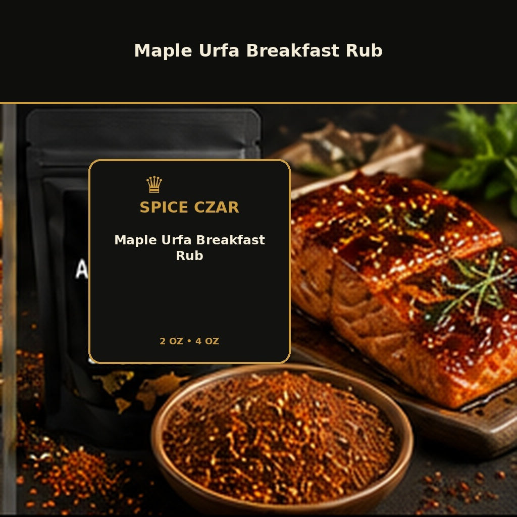 Spice Czar Maple Urfa Breakfast Rub with reddish-brown maple-Urfa seasoning and roasted breakfast-style serving visual