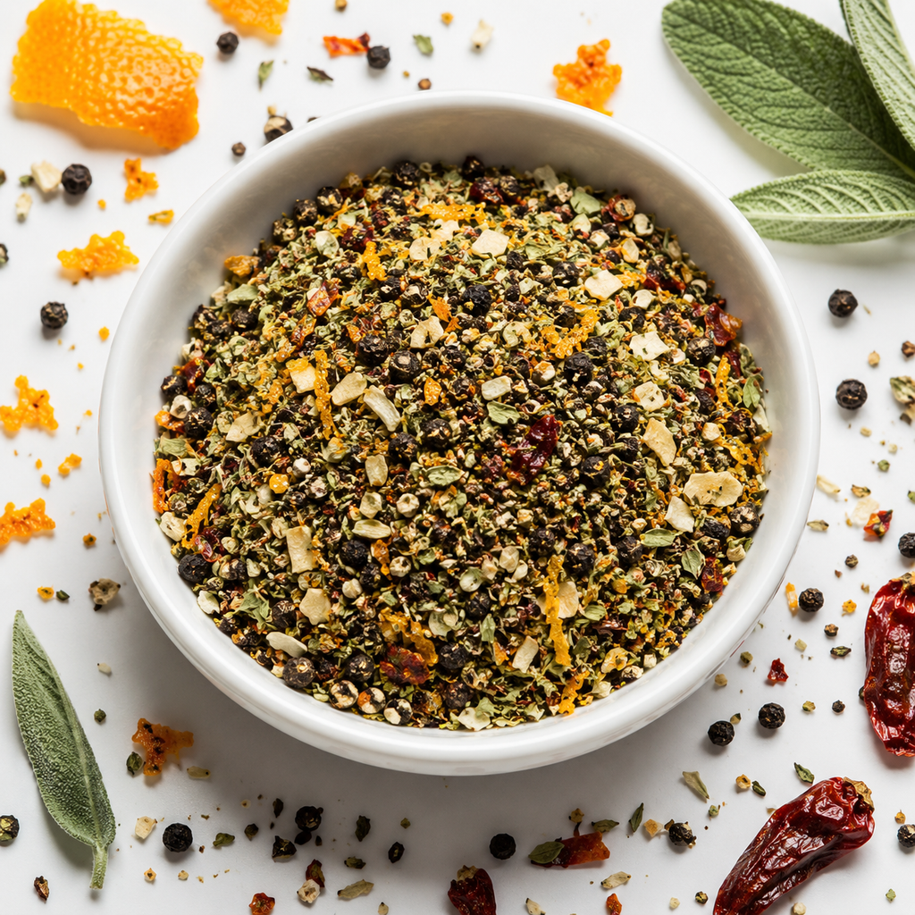 Mediterranean Dry Rub in a bowl with green herbs, black pepper, garlic and citrus peel