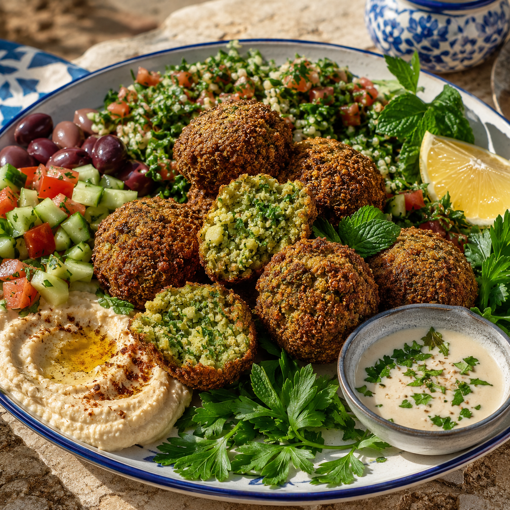Mediterranean herb falafel mezze with green chickpea interior, tabbouleh, hummus, salad, olives, lemon and tahini