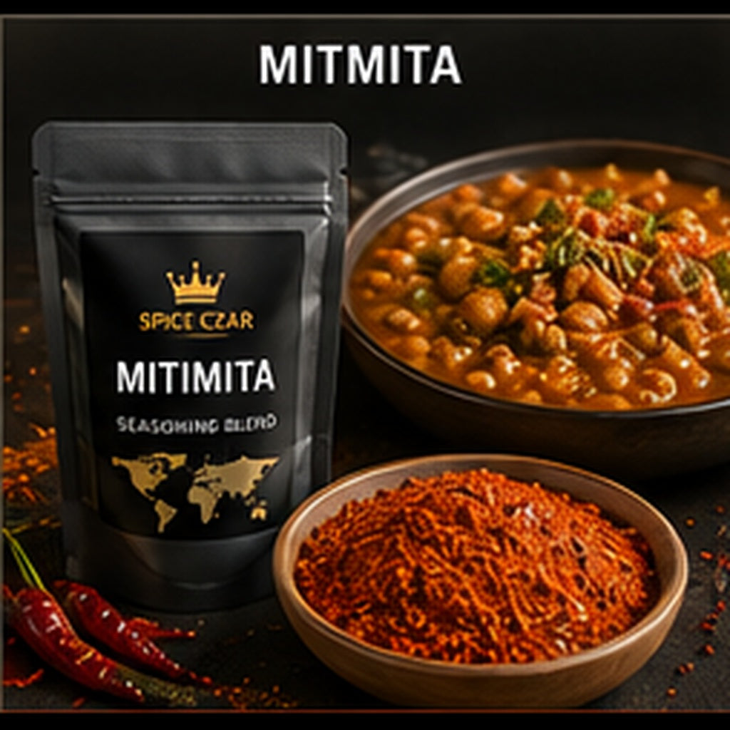 Spice Czar Mitmita with vivid red Ethiopian chile-cardamom spice blend beside a seasoned stew