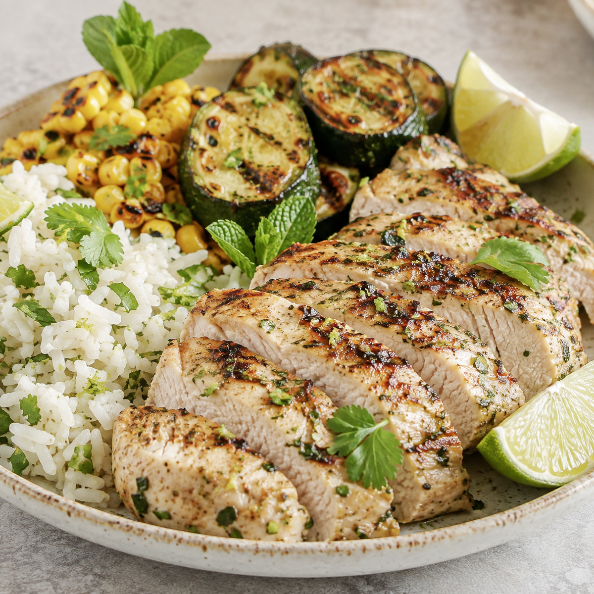 Mojito lime grilled chicken with cilantro-lime rice, charred corn, zucchini, mint, cilantro and lime
