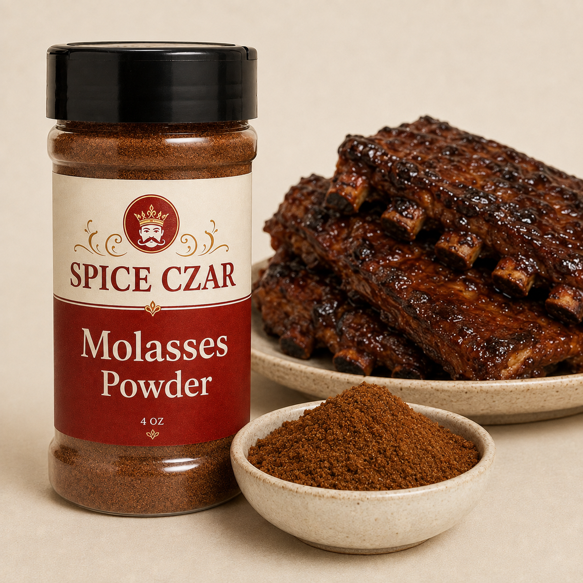 Molasses Powder 4 oz Spice Czar shaker with visible product and serving suggestion