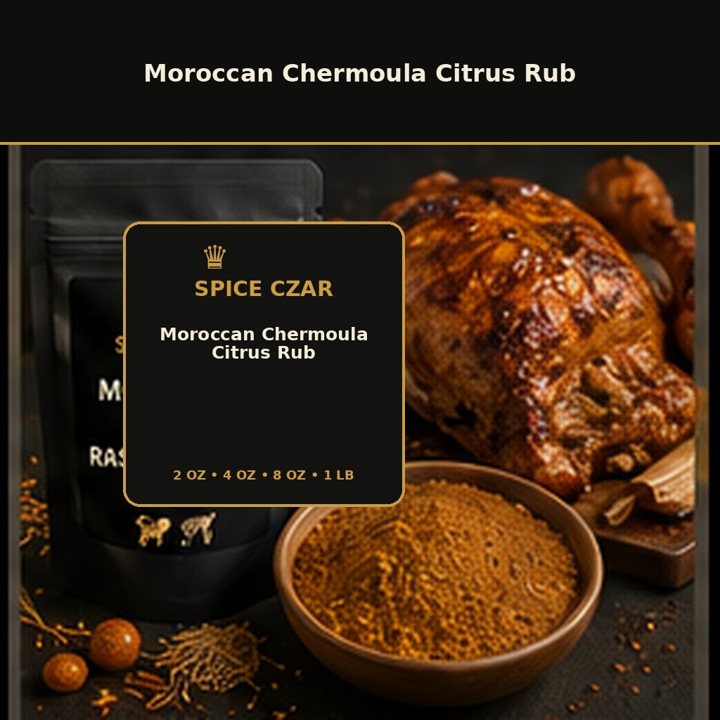 Spice Czar Moroccan Chermoula Citrus Rub with herb-citrus spice blend and roasted meat serving visual
