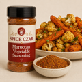 Moroccan Vegetable Seasoning 4 oz Spice Czar shaker with visible seasoning and serving suggestion