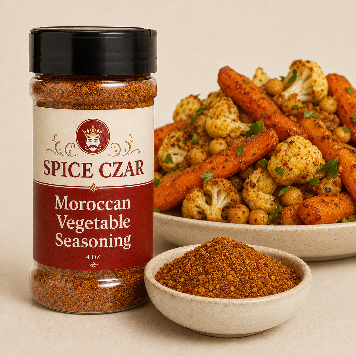 Moroccan Vegetable Seasoning 4 oz Spice Czar shaker with visible seasoning and serving suggestion