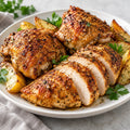 Serving illustration: paprika-and-herb roasted chicken with potatoes. Prepared appearance varies.