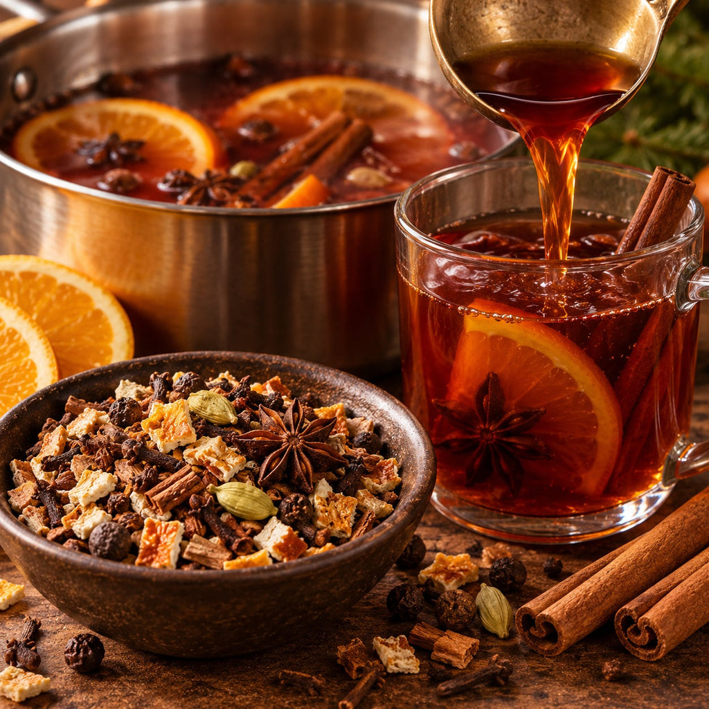 Illustrative serving suggestion: hot spiced cider being poured beside a bowl of the whole-and-cut mulling spice blend. Strain loose spices before drinking.