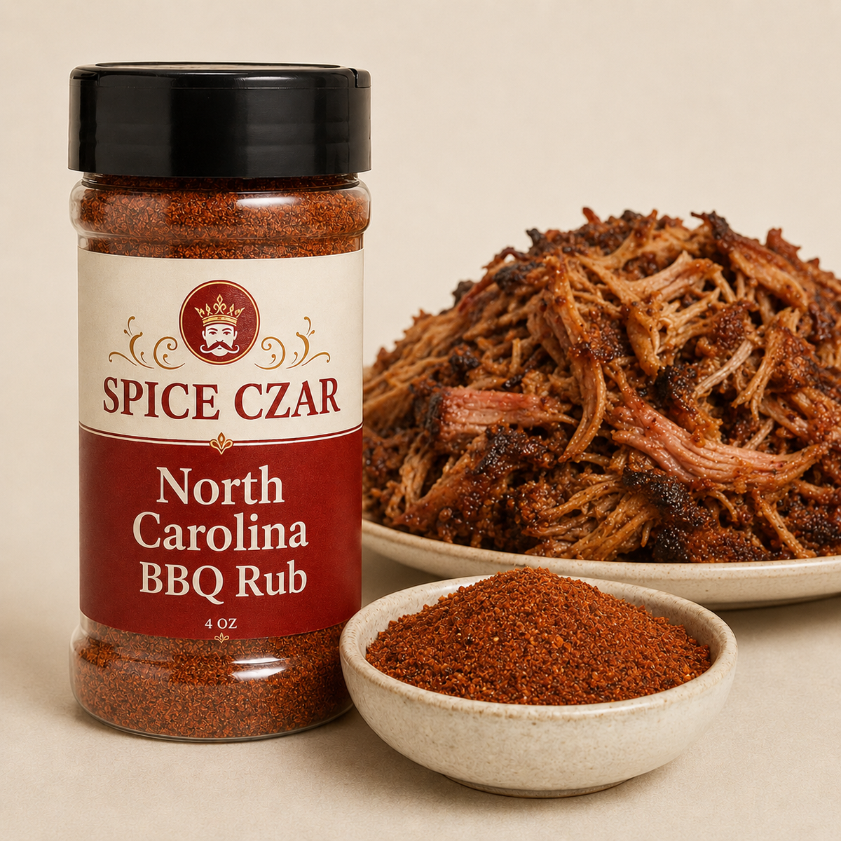 North Carolina BBQ Rub 4 oz Spice Czar shaker with visible seasoning and serving suggestion