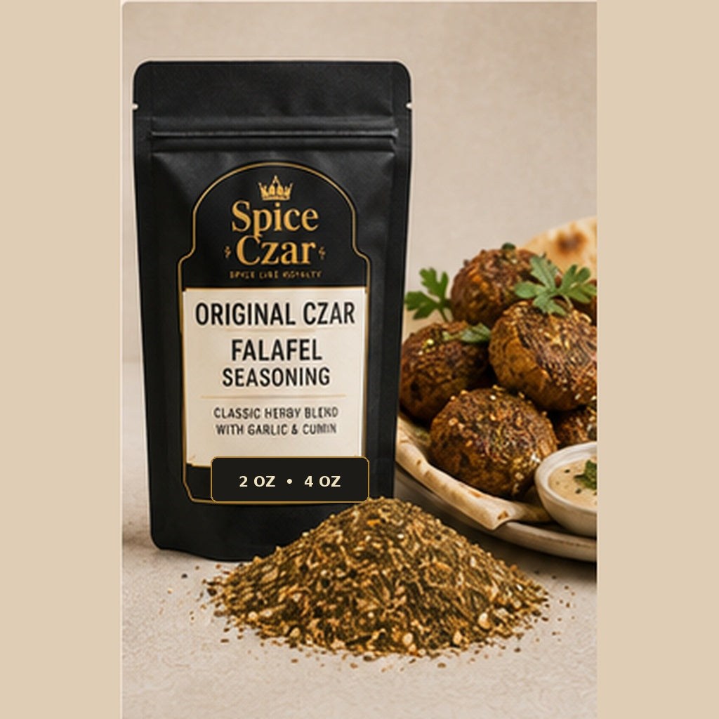 Spice Czar Original Czar Falafel Seasoning with herb-cumin dry blend and finished falafel