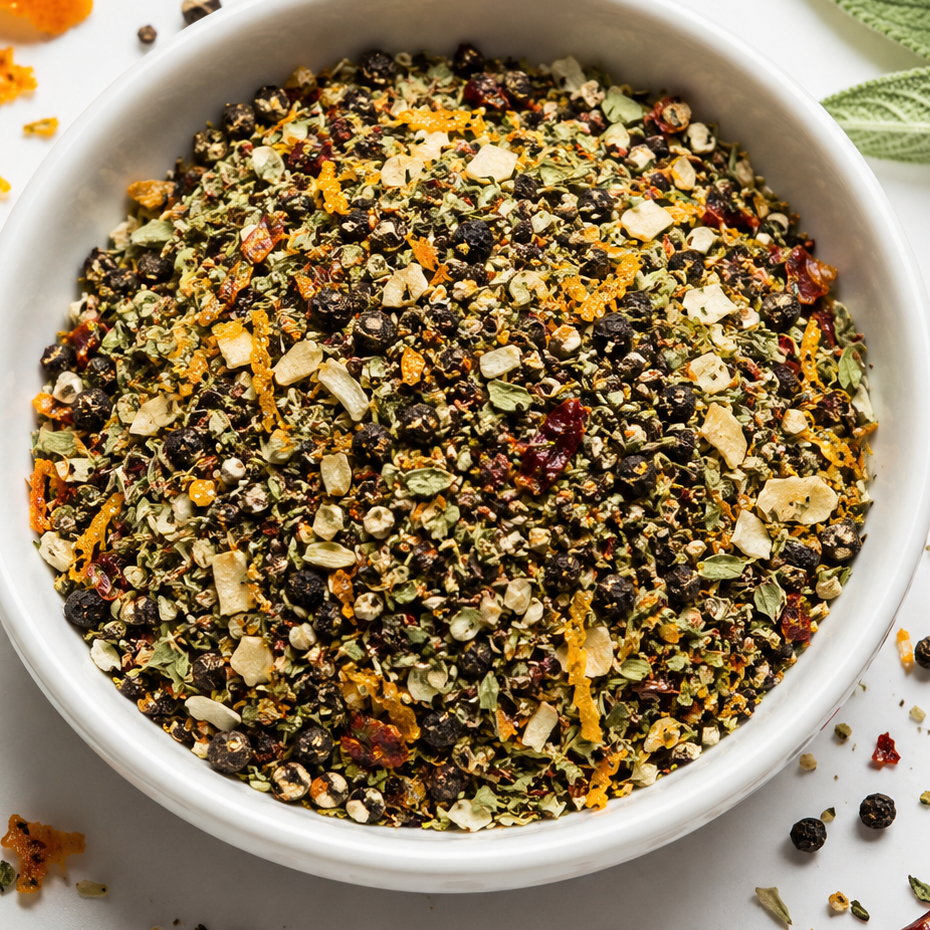 Pacific Northwest Seafood Seasoning with black pepper, garlic, herbs, paprika and citrus in a bowl