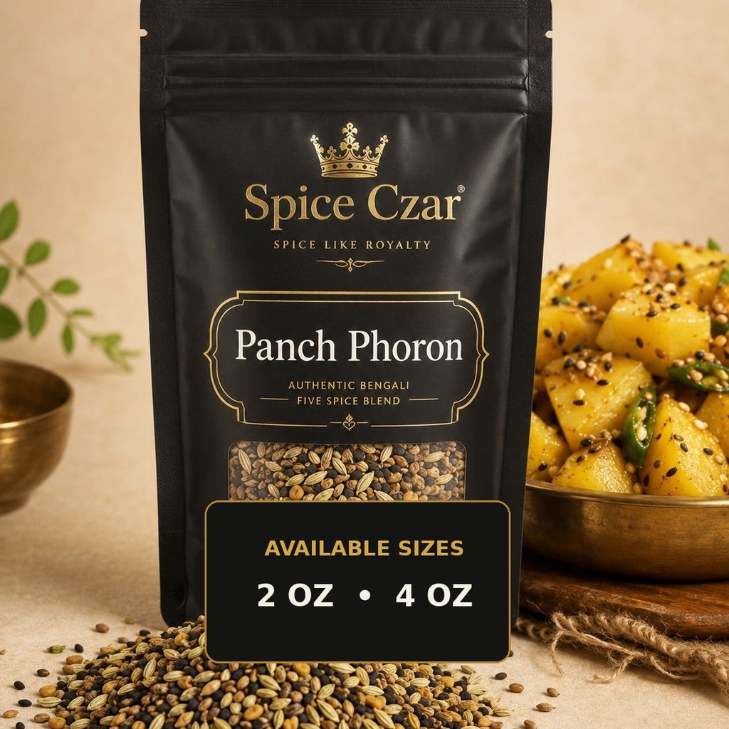 Spice Czar Panch Phoron premium pouch with visible whole nigella, cumin, fenugreek, fennel, and mustard seeds beside a Bengali-style dish