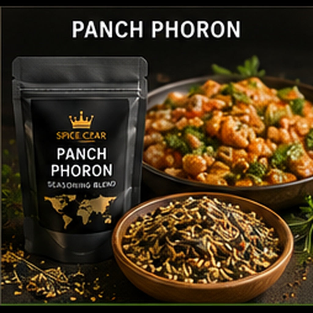 Spice Czar Panch Phoron showing whole nigella, cumin, fenugreek, fennel, and brown mustard seeds beside a Bengali-style dish