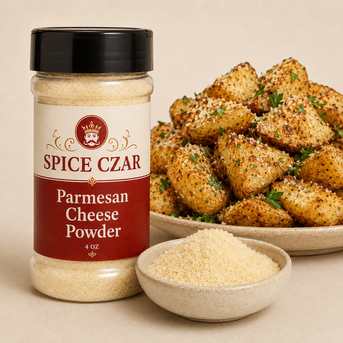 Parmesan Cheese Powder 4 oz Spice Czar shaker with visible product and serving suggestion