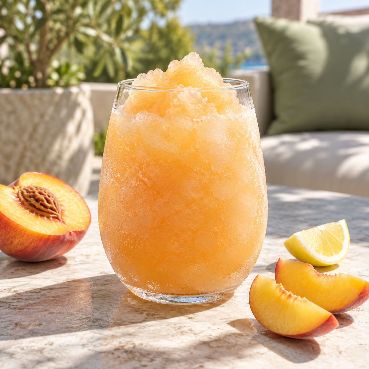 Peach Bellini serving inspiration; optional fresh fruit and garnish are not included in the dry mix.