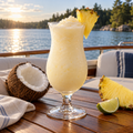 Serving suggestion: Piña Colada White Wine slushy with complementary fruit and a lake or moored-boat setting.