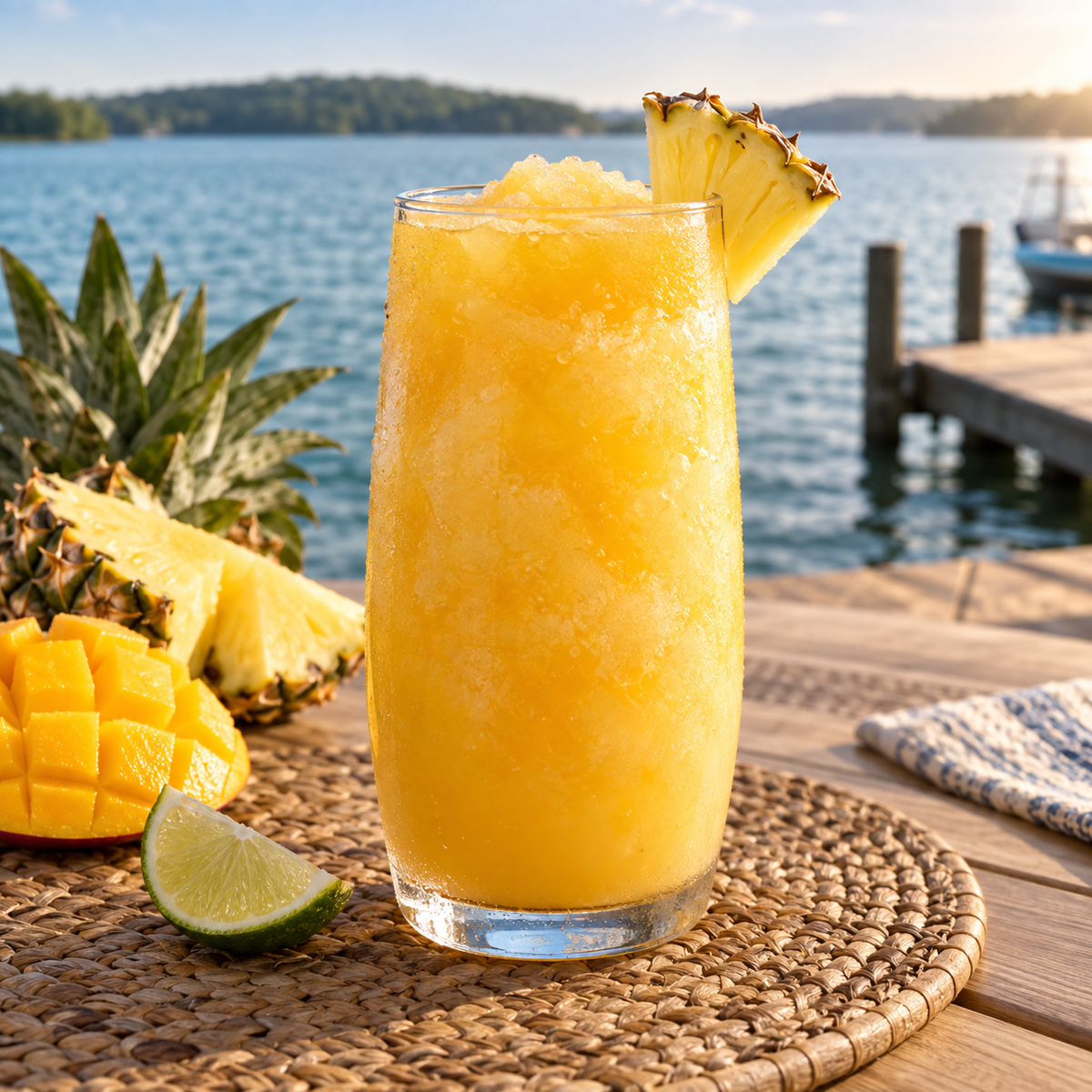 Serving suggestion: Pineapple Mango White Wine slushy with complementary fruit and a lake or moored-boat setting.