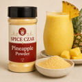Pineapple Powder 4 oz shaker with visible pineapple powder and smoothie serving suggestion