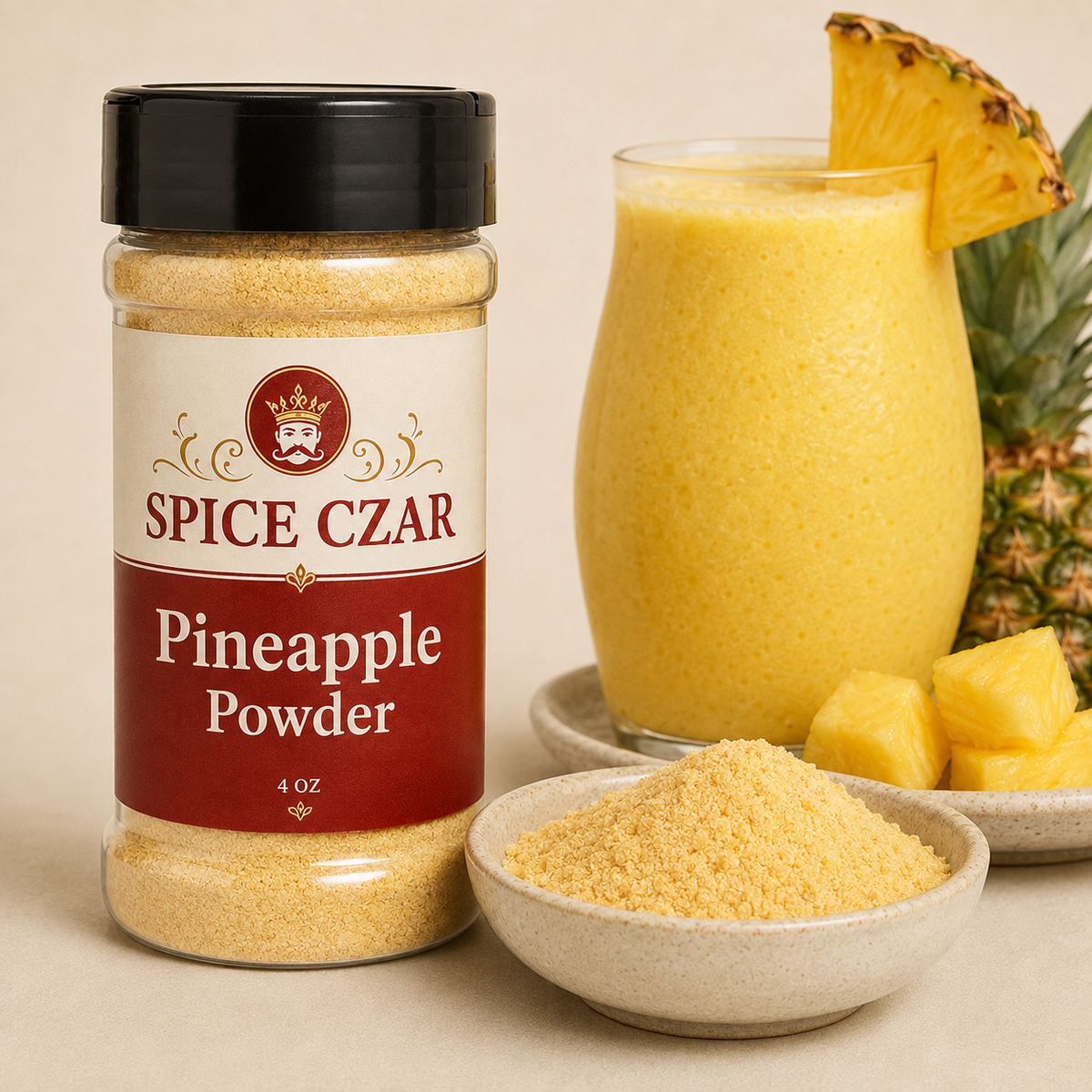 Pineapple Powder 4 oz shaker with visible pineapple powder and smoothie serving suggestion
