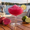 Serving suggestion: Prickly Pear Margarita slushy with complementary fruit and a lake or moored-boat setting.