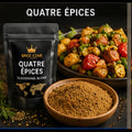 Spice Czar Quatre Épices with warm tan pepper-nutmeg-clove-ginger blend beside roasted food