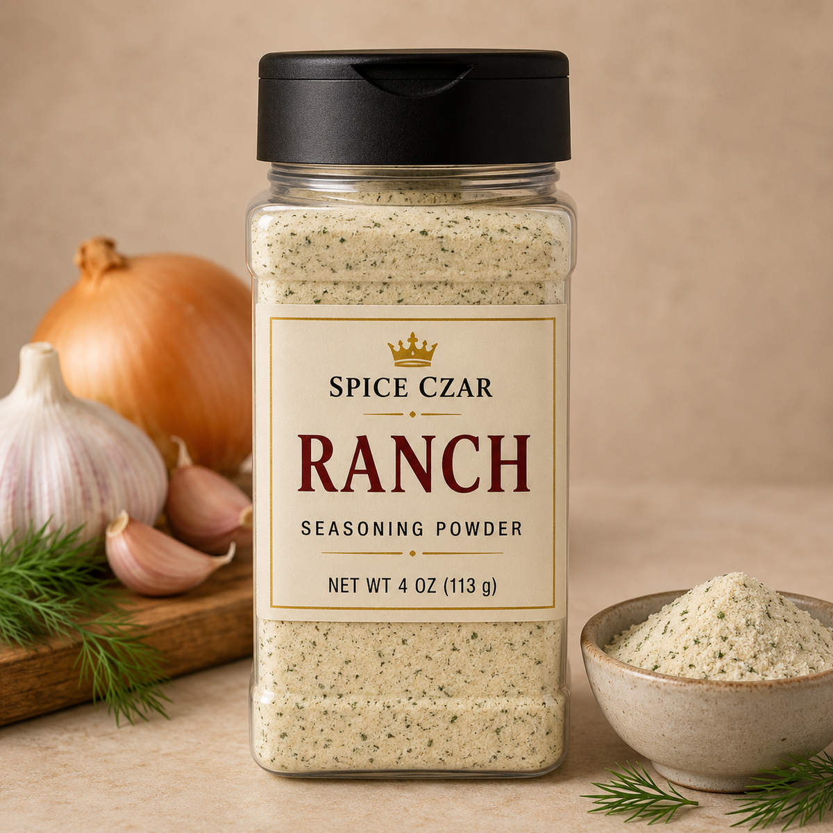 Spice Czar Ranch Seasoning Powder in a labeled 4-ounce clear shaker showing the pale herb-flecked blend