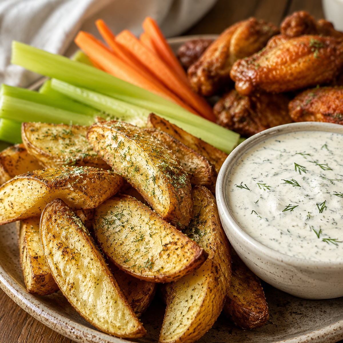 Ranch-seasoned roasted potato wedges with creamy ranch dip, celery, carrots and wings