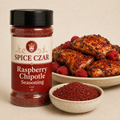 Raspberry Chipotle Seasoning 4 oz Spice Czar shaker with visible seasoning and serving suggestion
