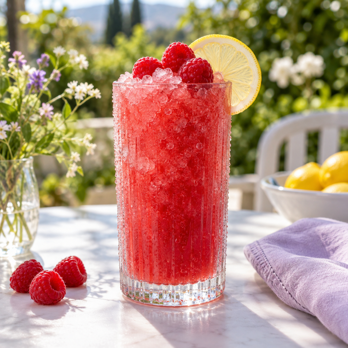 Raspberry Lemonade serving inspiration; optional fresh fruit and garnish are not included in the dry mix.