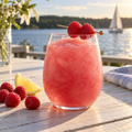 Serving suggestion: Raspberry Rosé slushy with matching fruit beside a lake.