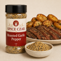 Roasted Garlic Pepper 4 oz Spice Czar shaker with visible seasoning and serving suggestion