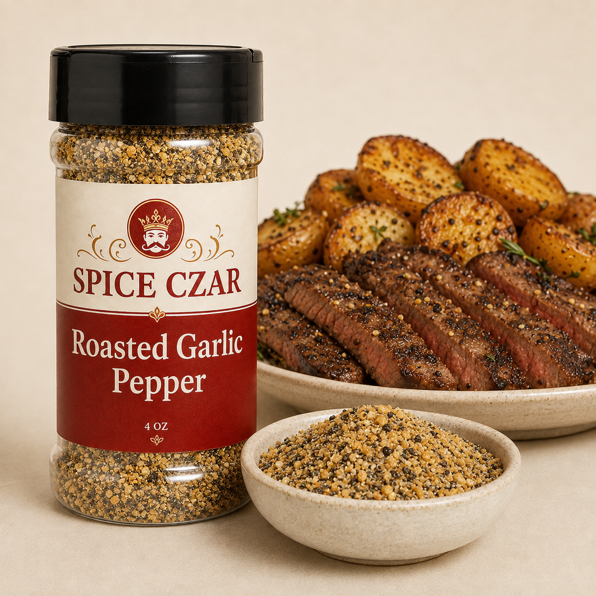 Roasted Garlic Pepper 4 oz Spice Czar shaker with visible seasoning and serving suggestion