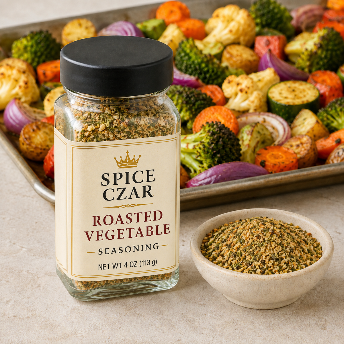 Spice Czar Roasted Vegetable Seasoning in a labeled 4-ounce clear shaker showing the coarse garlic-herb blend