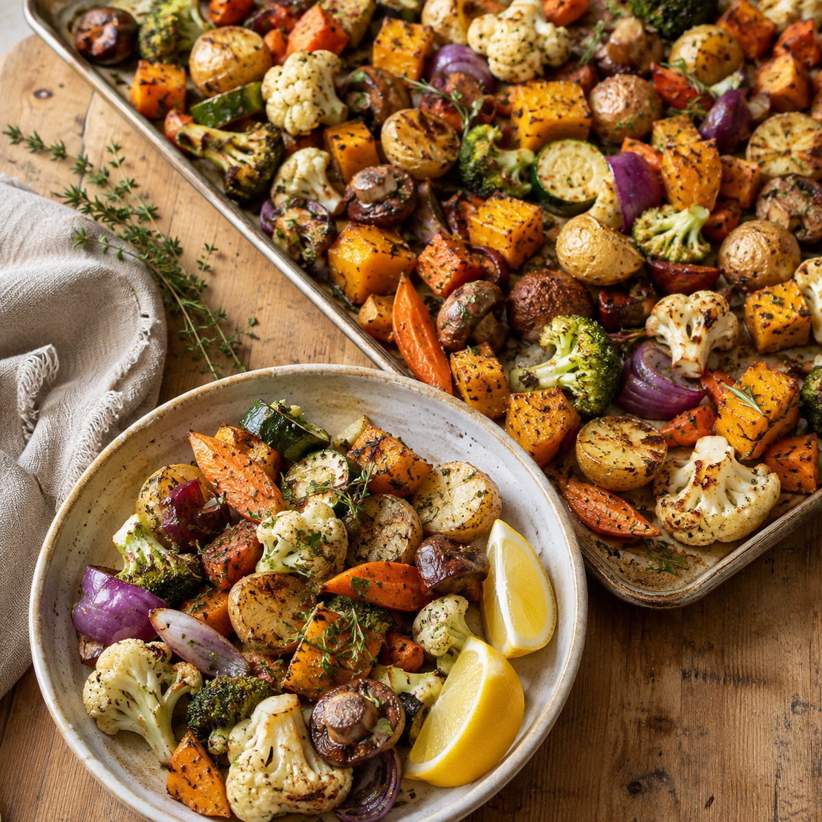 Garlic-herb roasted cauliflower, broccoli, carrots, potatoes, zucchini, mushrooms, squash and red onion
