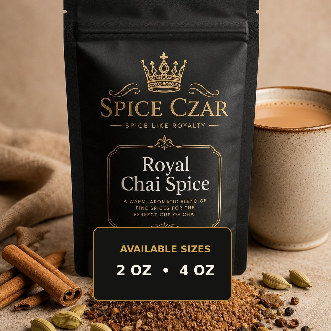 Spice Czar Royal Chai Spice with warm cinnamon-cardamom-ginger blend beside a chai-style beverage